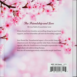 A beautifully designed back cover of a book featuring a stunning cherry blossom background, with delicate pink blossoms gently framing the text
