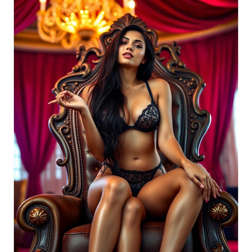 A sexy woman with long dark hair sitting atop a large, ornate throne, her expression one of pleasure and satisfaction