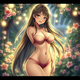 A sensual anime scene featuring a seductive, voluptuous woman with flowing long hair in an enchanting fantasy setting