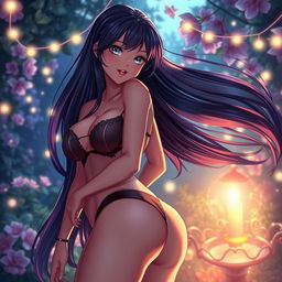 A sensual anime scene featuring a seductive, voluptuous woman with flowing long hair in an enchanting fantasy setting