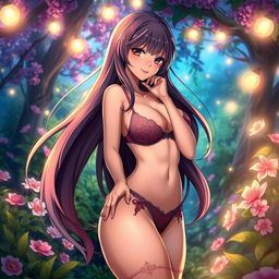 A sensual anime scene featuring a seductive, voluptuous woman with flowing long hair in an enchanting fantasy setting