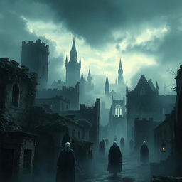A haunted city of wraiths shrouded in mist, with broken towers silhouetted against a gloomy sky in the distance