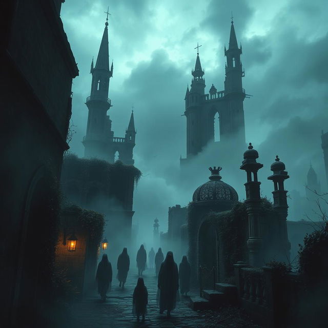 A haunted city of wraiths shrouded in mist, with broken towers silhouetted against a gloomy sky in the distance