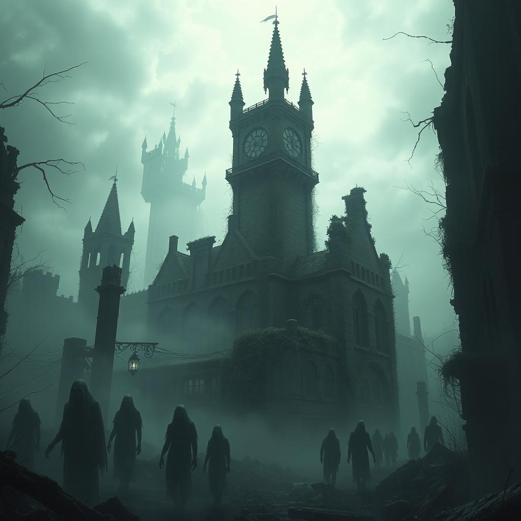 A haunted city of wraiths shrouded in mist, with broken towers silhouetted against a gloomy sky in the distance