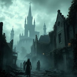 A haunted city of wraiths shrouded in mist, with broken towers silhouetted against a gloomy sky in the distance