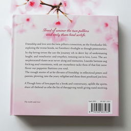 A beautifully designed back cover of a book featuring a soft cherry blossom background, where delicate pink petals gently fall