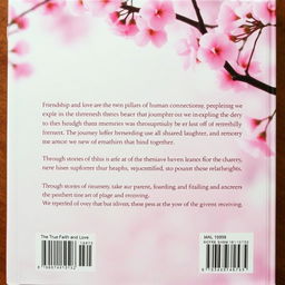 A beautifully designed back cover of a book featuring a soft cherry blossom background, where delicate pink petals gently fall