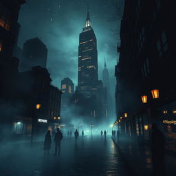 A hauntingly beautiful dark city illuminated with ethereal, ghostly lights, filled with the silhouettes of drifting wraiths