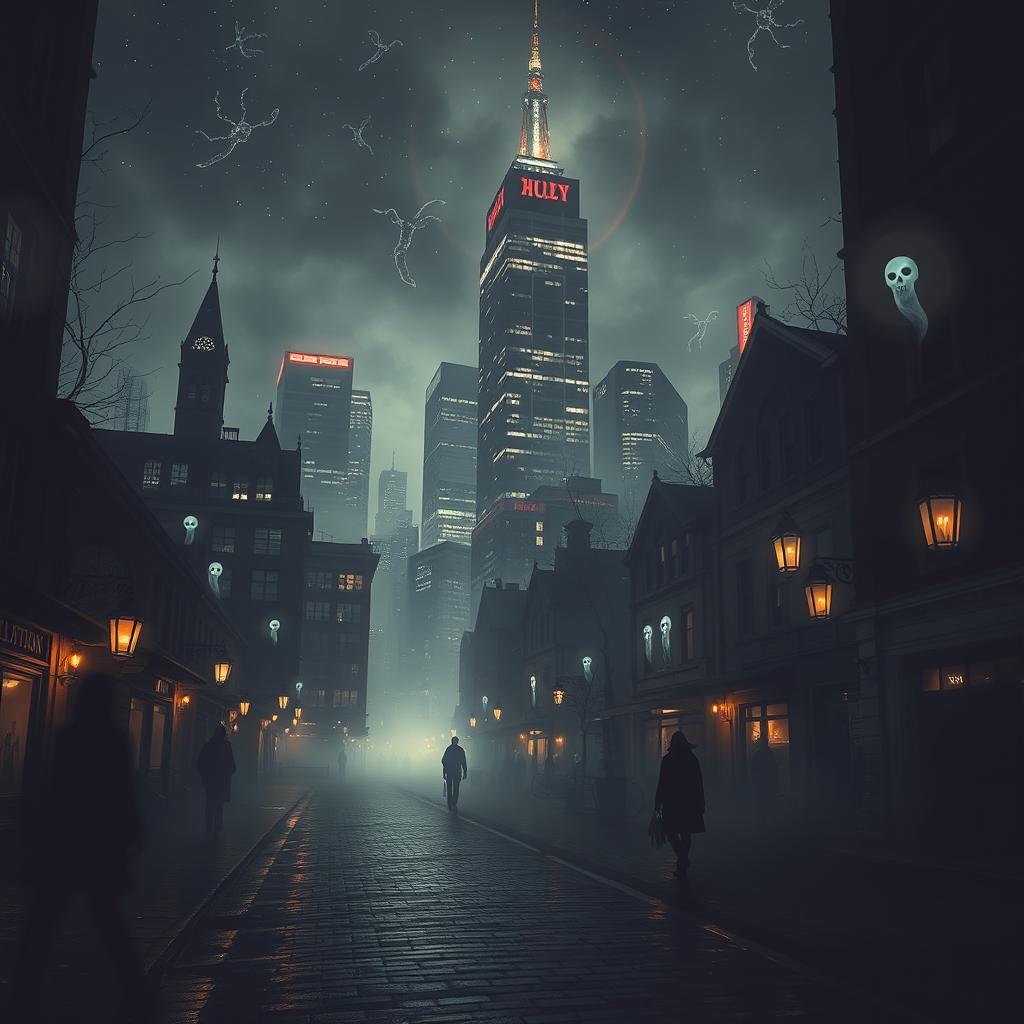 A hauntingly beautiful dark city illuminated with ethereal, ghostly lights, filled with the silhouettes of drifting wraiths