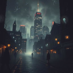 A hauntingly beautiful dark city illuminated with ethereal, ghostly lights, filled with the silhouettes of drifting wraiths