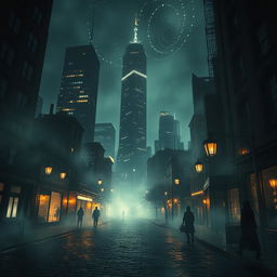 A hauntingly beautiful dark city illuminated with ethereal, ghostly lights, filled with the silhouettes of drifting wraiths