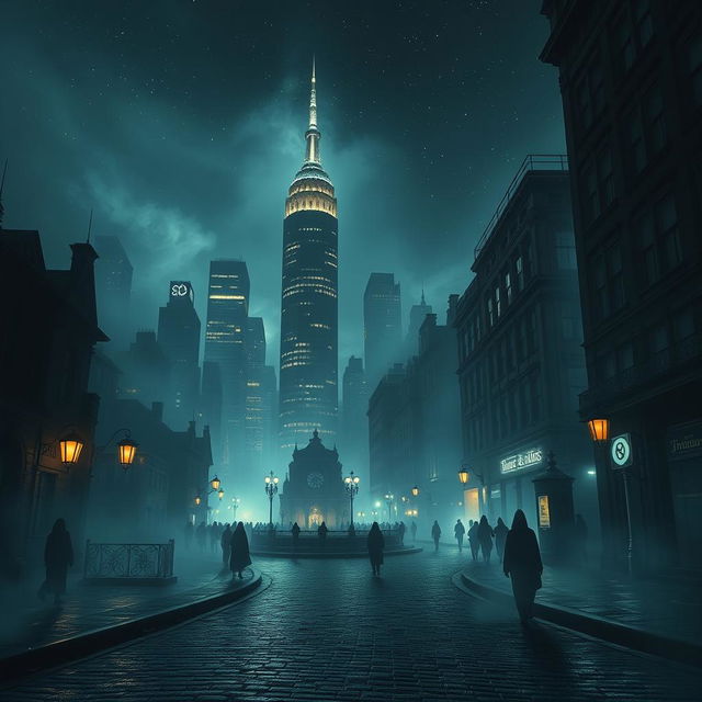 A hauntingly beautiful dark city illuminated with ethereal, ghostly lights, filled with the silhouettes of drifting wraiths