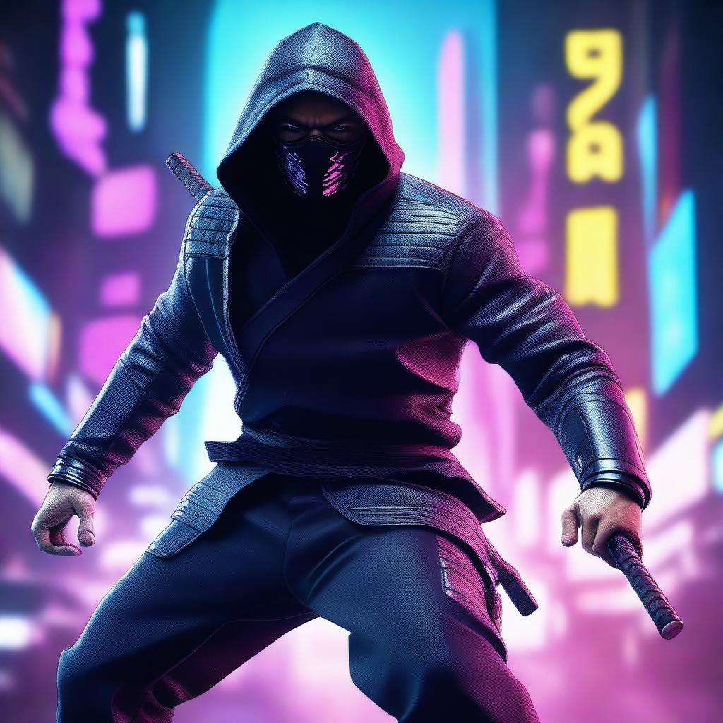 Create a hyper-realistic, 4K image of a cool, handsome man in cyberpunk style adeptly battling as a ninja.