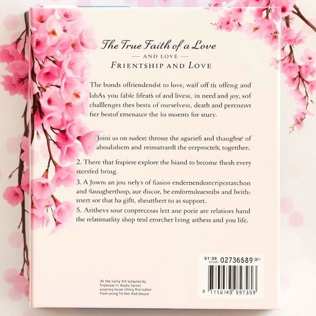 A stunning back cover of a book adorned with a soft cherry blossom background, showcasing delicate pink petals cascading gracefully across the design