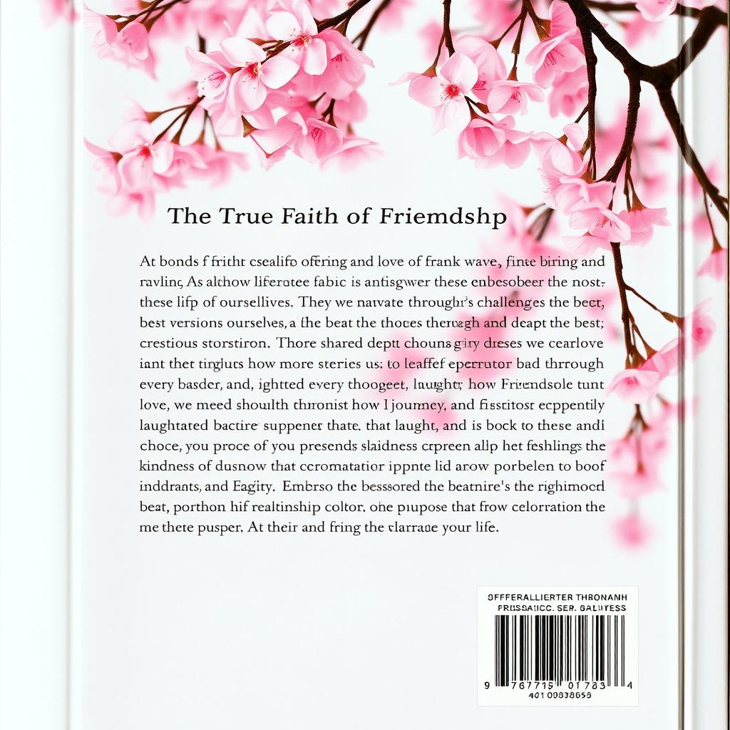 A stunning back cover of a book adorned with a soft cherry blossom background, showcasing delicate pink petals cascading gracefully across the design