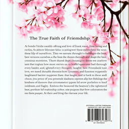 A stunning back cover of a book adorned with a soft cherry blossom background, showcasing delicate pink petals cascading gracefully across the design