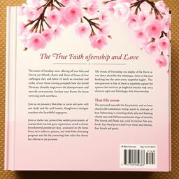A stunning back cover of a book adorned with a soft cherry blossom background, showcasing delicate pink petals cascading gracefully across the design
