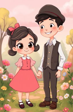 A charming romance scene featuring a cartoon-style girl from the 1900s holding hands with a cartoon-style boy, both dressed in vintage attire suitable for that era