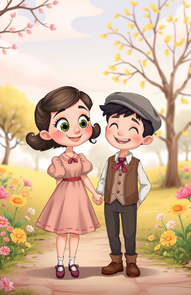 A charming romance scene featuring a cartoon-style girl from the 1900s holding hands with a cartoon-style boy, both dressed in vintage attire suitable for that era