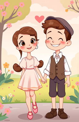 A charming romance scene featuring a cartoon-style girl from the 1900s holding hands with a cartoon-style boy, both dressed in vintage attire suitable for that era