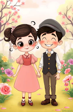 A charming romance scene featuring a cartoon-style girl from the 1900s holding hands with a cartoon-style boy, both dressed in vintage attire suitable for that era