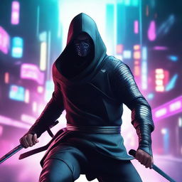 Create a hyper-realistic, 4K image of a cool, handsome man in cyberpunk style adeptly battling as a ninja.