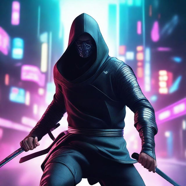 Create a hyper-realistic, 4K image of a cool, handsome man in cyberpunk style adeptly battling as a ninja.