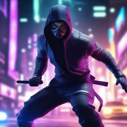 Create a hyper-realistic, 4K image of a cool, handsome man in cyberpunk style adeptly battling as a ninja.