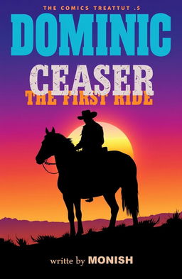 A comic book cover titled 'DOMINIC CEASER: THE FIRST RIDE', featuring a silhouette of a cowboy sitting on a horse against a vibrant sunset sky