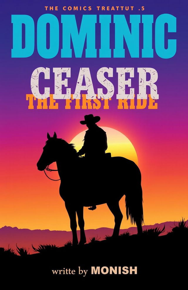 A comic book cover titled 'DOMINIC CEASER: THE FIRST RIDE', featuring a silhouette of a cowboy sitting on a horse against a vibrant sunset sky