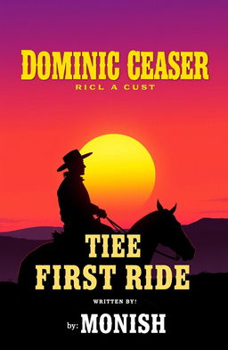 A comic book cover titled 'DOMINIC CEASER: THE FIRST RIDE', featuring a silhouette of a cowboy sitting on a horse against a vibrant sunset sky