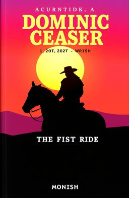 A comic book cover titled 'DOMINIC CEASER: THE FIRST RIDE', featuring a silhouette of a cowboy sitting on a horse against a vibrant sunset sky