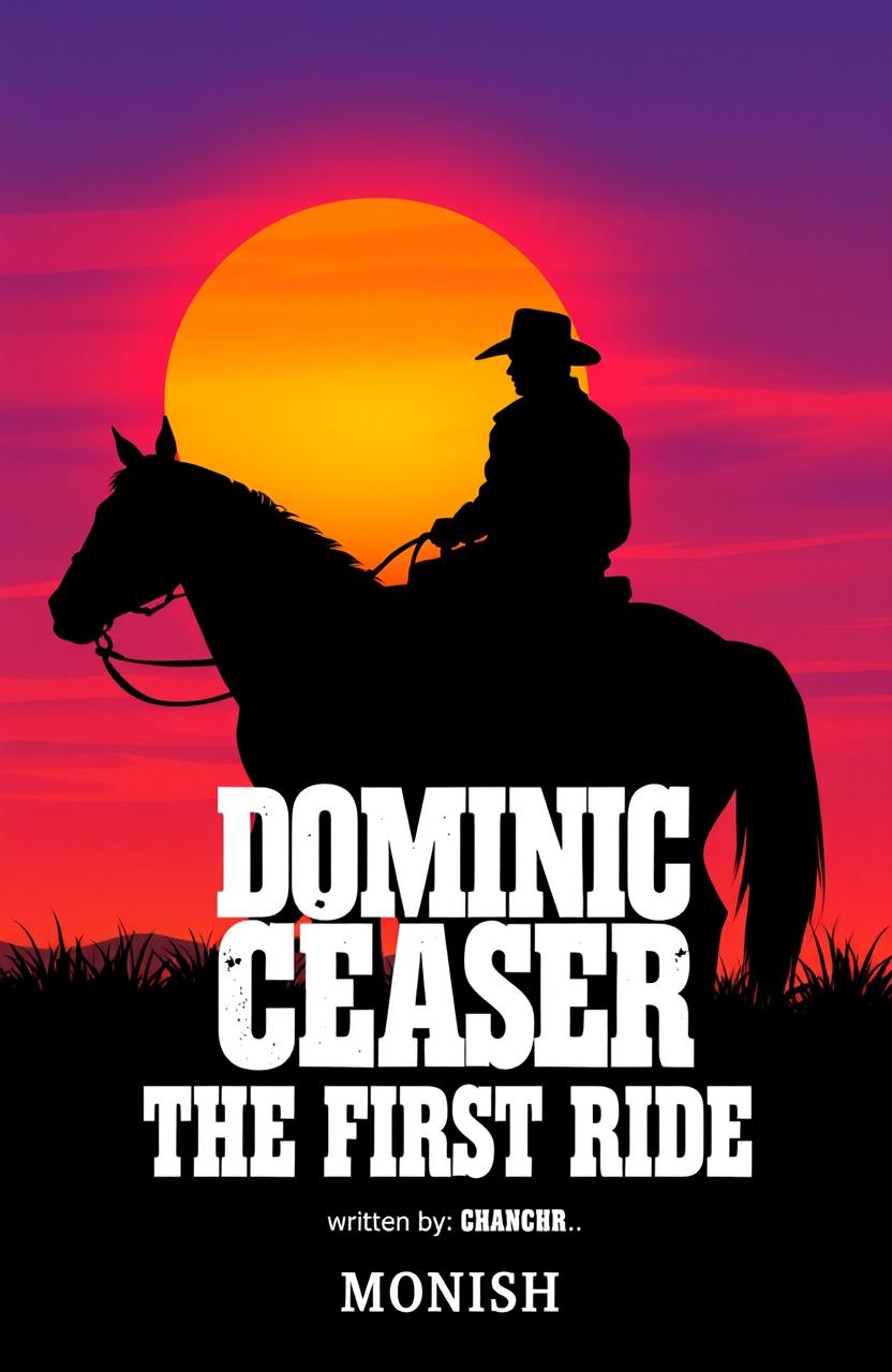 A comic book cover titled 'DOMINIC CEASER: THE FIRST RIDE', featuring a silhouette of a cowboy sitting on a horse against a vibrant sunset sky