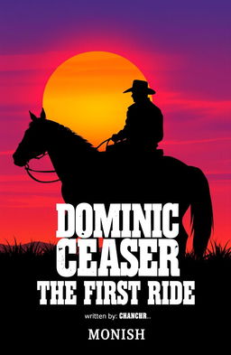 A comic book cover titled 'DOMINIC CEASER: THE FIRST RIDE', featuring a silhouette of a cowboy sitting on a horse against a vibrant sunset sky