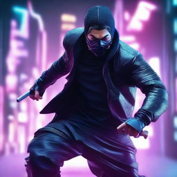 Create a hyper-realistic, 4K image of a cool, handsome man in cyberpunk style adeptly battling as a ninja.