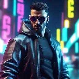 Generate a hyper-realistic, 4K image of cool, handsome man in cyberpunk attire, fighting against a ruthless cartel with exceptional skill and determination