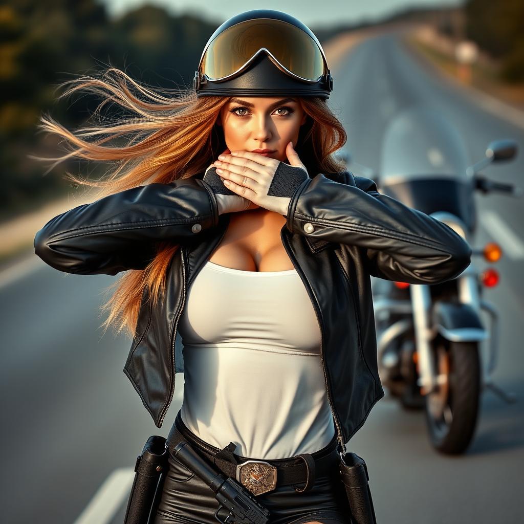 A Caucasian girl with big breasts, covering herself with her hands, is dressed as a California Highway Patrol officer in a leather jacket and helmet