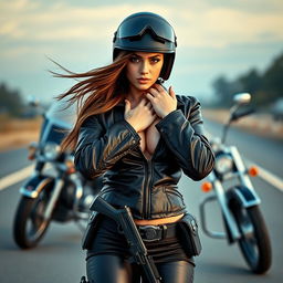 A Caucasian girl with big breasts, covering herself with her hands, is dressed as a California Highway Patrol officer in a leather jacket and helmet