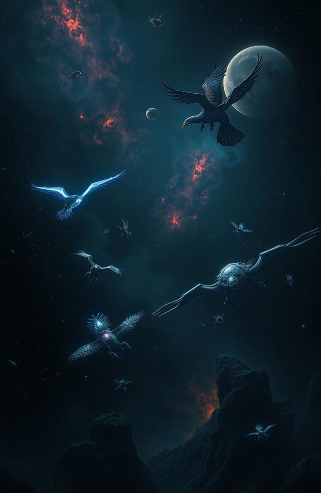 A dark sci-fi scene featuring futuristic animals traversing a vast space landscape