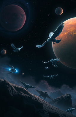 A dark sci-fi scene featuring futuristic animals traversing a vast space landscape