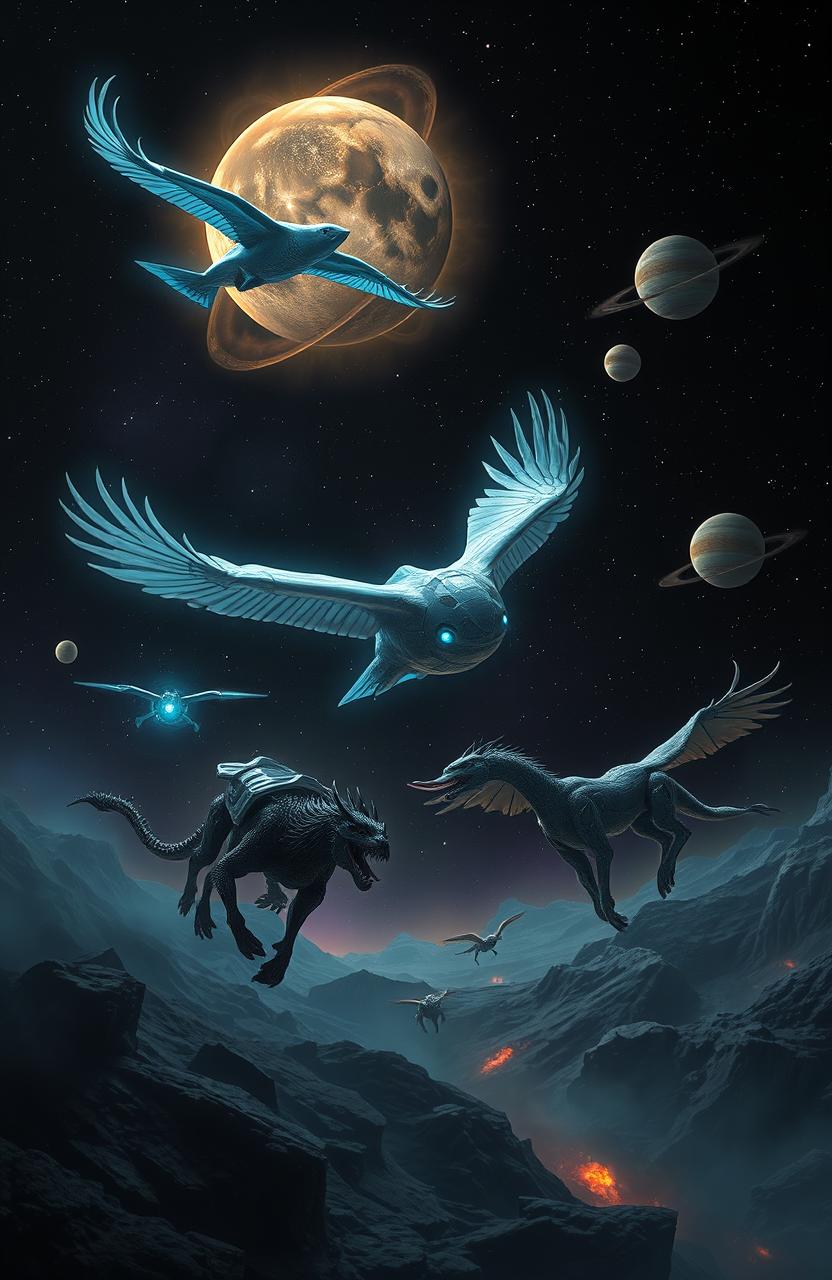 A dark sci-fi scene featuring futuristic animals traversing a vast space landscape