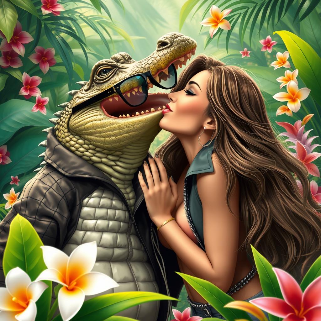 A sexy girl passionately kissing a crocodile, the crocodile wearing a stylish jacket and glasses, in a vibrant jungle setting