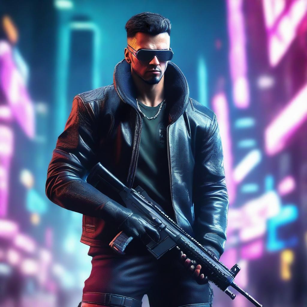 Generate a hyper-realistic, 4K image of cool, handsome man in cyberpunk attire, fighting against a ruthless cartel with exceptional skill and determination