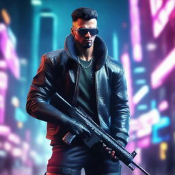 Generate a hyper-realistic, 4K image of cool, handsome man in cyberpunk attire, fighting against a ruthless cartel with exceptional skill and determination