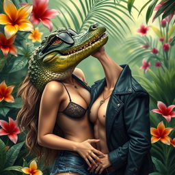 A sexy girl passionately kissing a crocodile, the crocodile wearing a stylish jacket and glasses, in a vibrant jungle setting