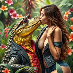 A sexy girl passionately kissing a crocodile, the crocodile wearing a stylish jacket and glasses, in a vibrant jungle setting