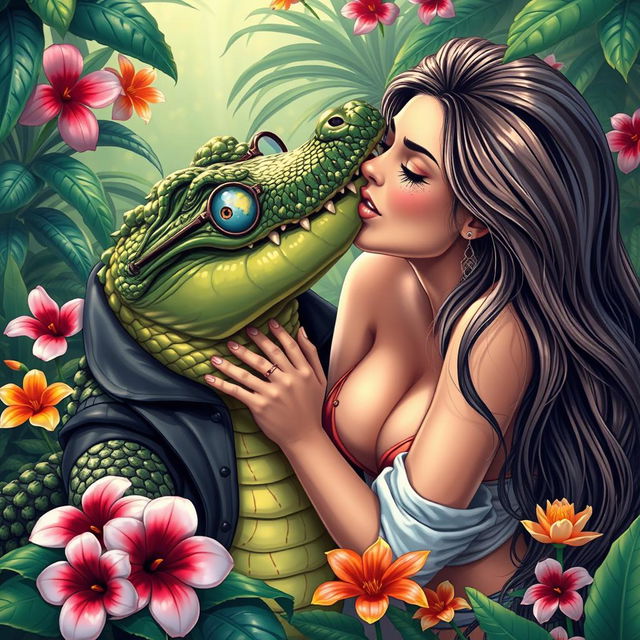 A sexy girl passionately kissing a crocodile, the crocodile wearing a stylish jacket and glasses, in a vibrant jungle setting