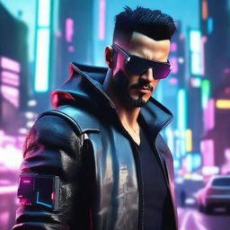 Generate a hyper-realistic, 4K image of cool, handsome man in cyberpunk attire, fighting against a ruthless cartel with exceptional skill and determination