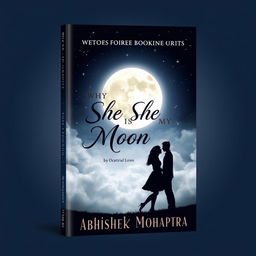 The book cover design for 'WHY SHE IS MY MOON' by Abhishek Mohapatra, featuring a beautiful, large moon glowing brightly in a starry night sky