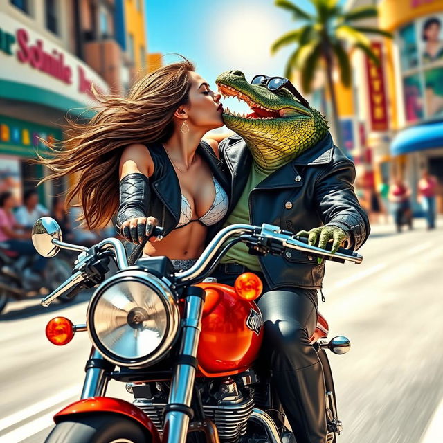 A sexy girl wearing a stylish outfit is passionately kissing a crocodile dressed in a leather jacket while riding a motorcycle